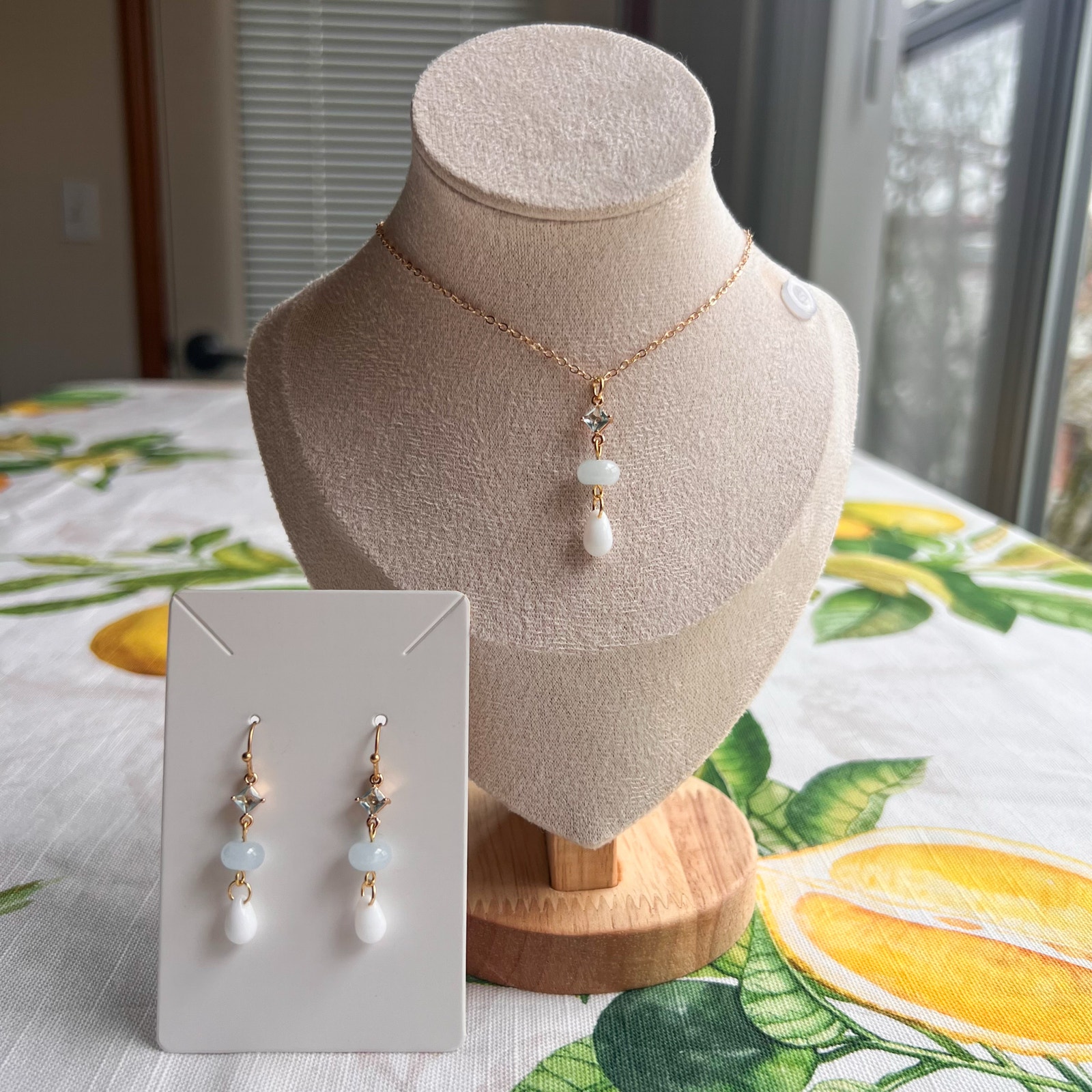 Peach Colored Aquamarine Crystal Glass Dainty Casual Cute Romantic Jewelry Set